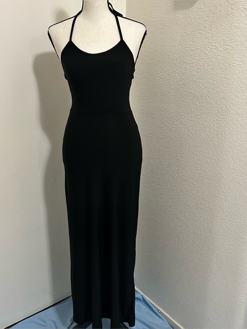 Charlotte Russe Black Halter Maxi Dress Sz XS 90s Y2K Style High Neck Minimalist